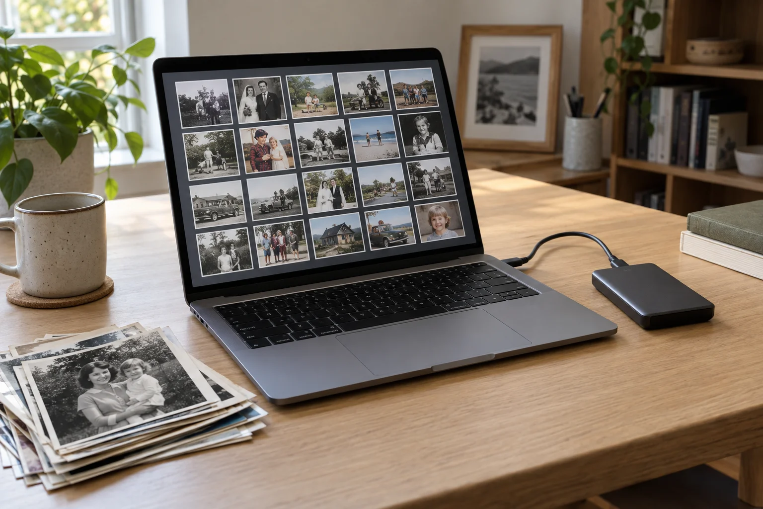 Een digitale fotocollectie op een laptop met aangesloten externe opslag
