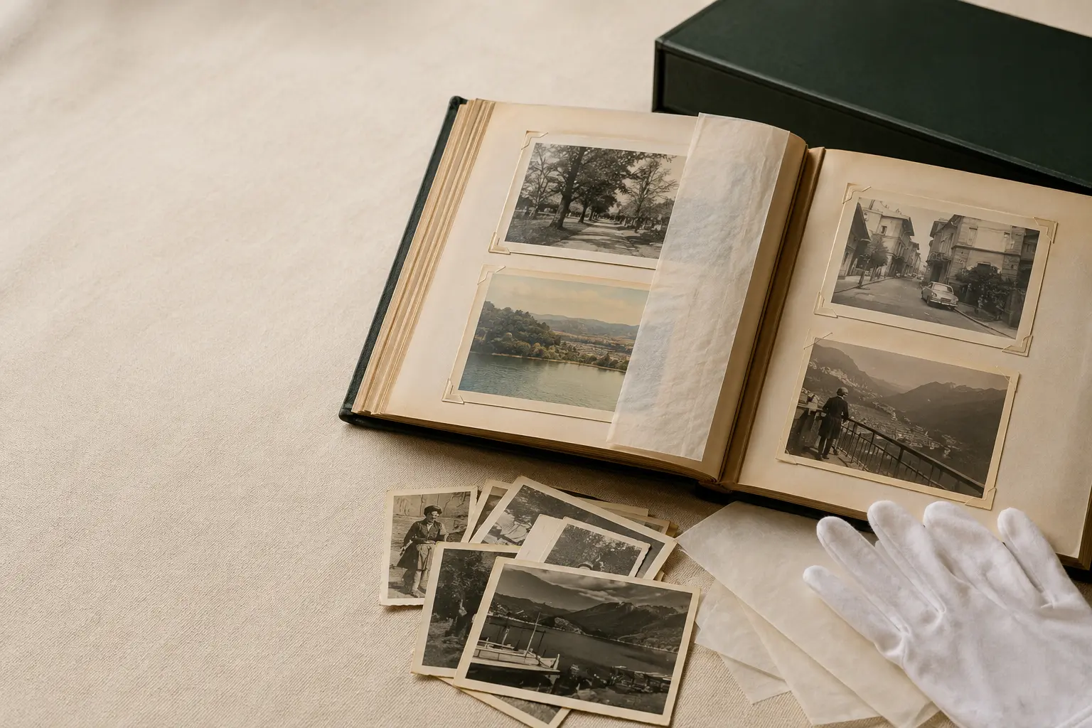 Open familiealbum met oude foto’s