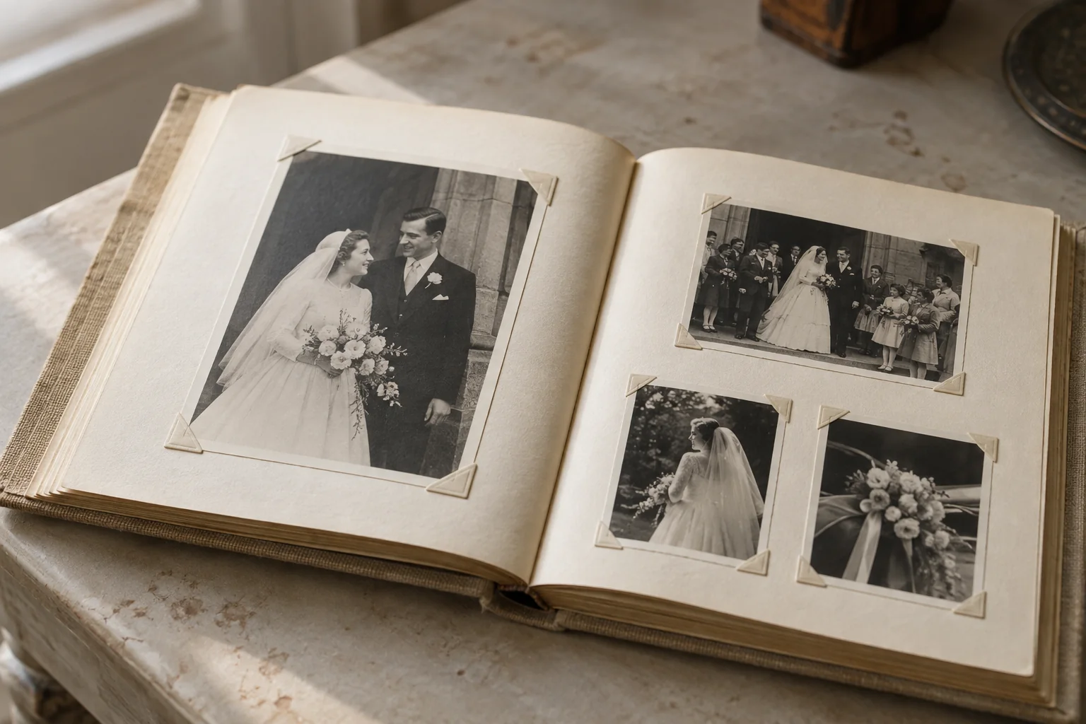 Trouwfoto’s bij elkaar in een familiealbum