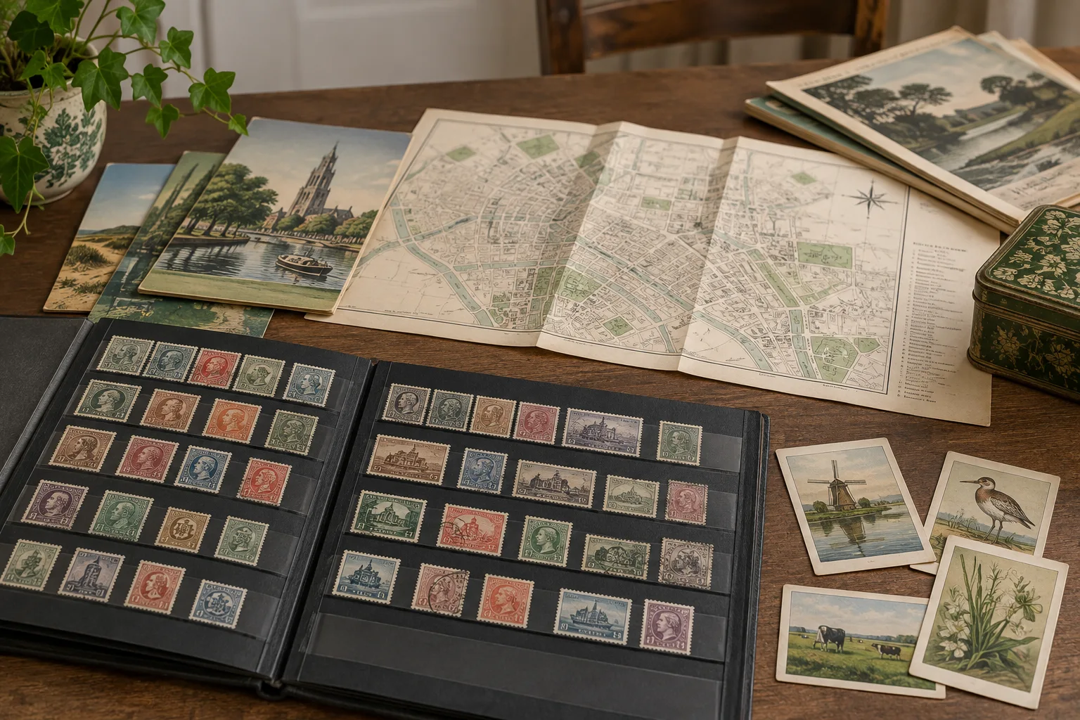 Papieren collectie met postzegels, verzamelkaarten, een plattegrond en tijdschriften